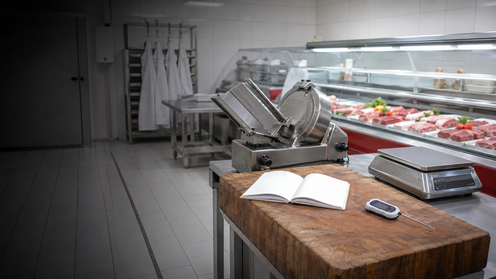 Atelier de boucherie professionnelle avec billot en bois, trancheuse en inox, vitrine réfrigérée et carnet de traçabilité