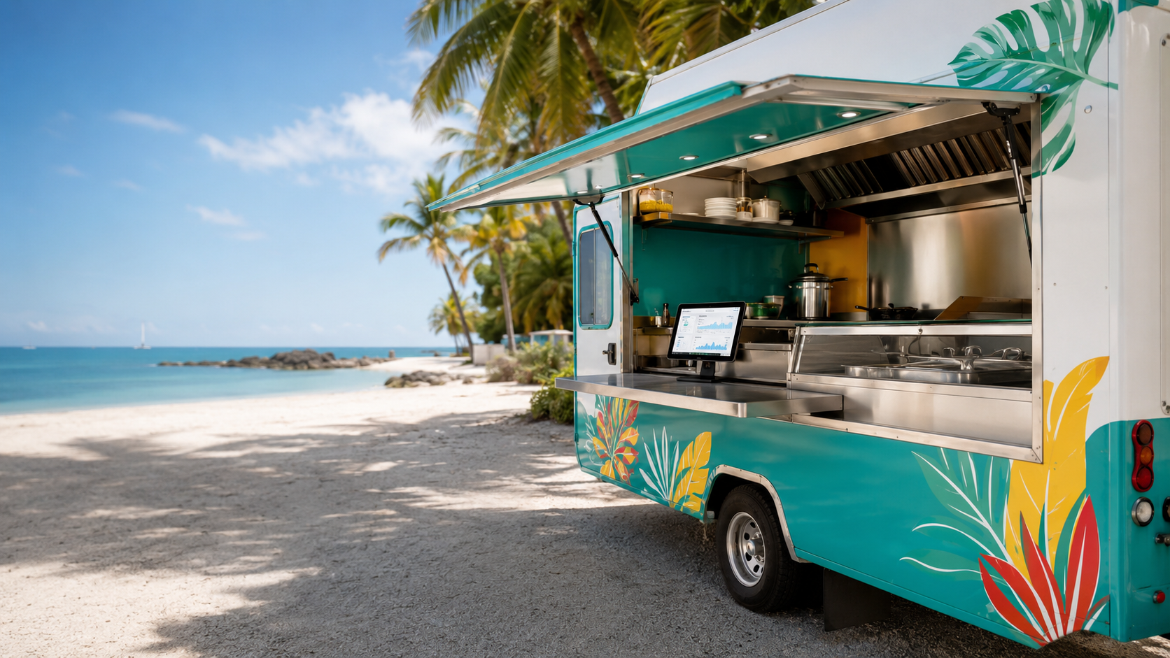 Food truck créole avec décor tropical stationné en bord de plage aux Antilles, comptoir ouvert et tablette numérique visible