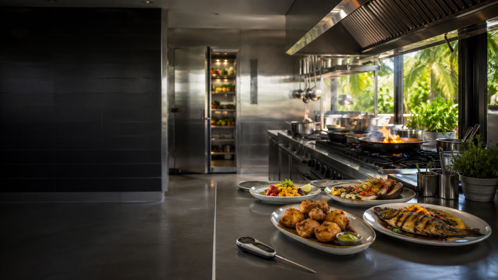 Cuisine professionnelle de restaurant aux Antilles avec piano de cuisson, chambre froide et plats créoles en cours de dressage