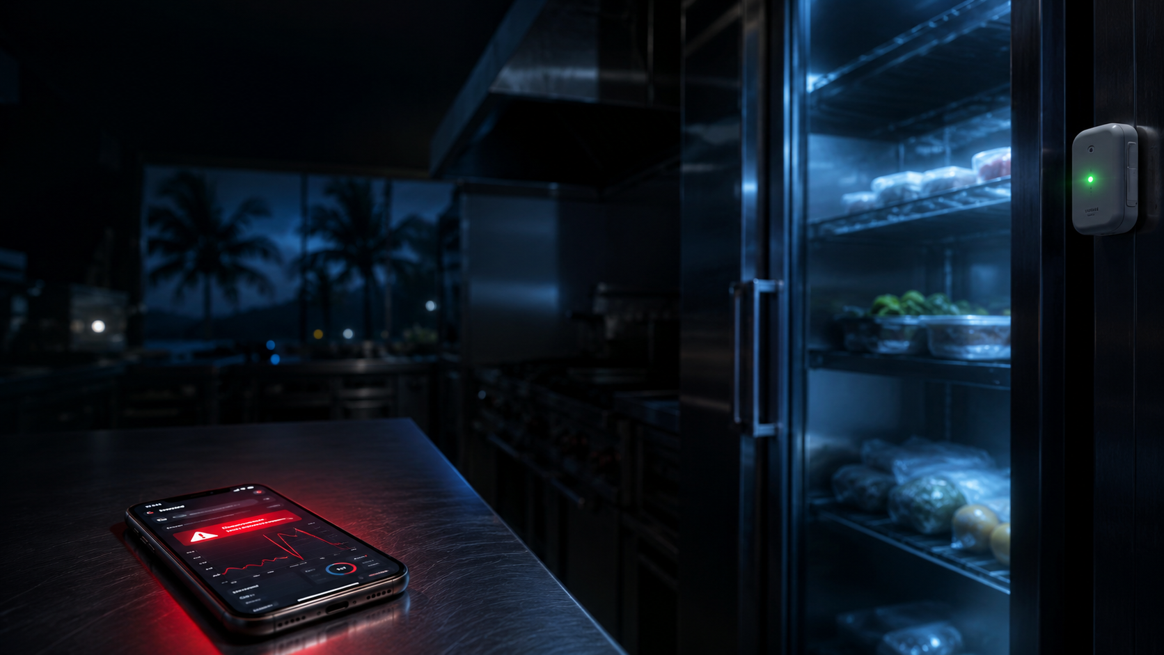 Smartphone affichant une alerte rouge de température en pleine nuit dans une cuisine professionnelle, avec une sonde connectée IoT fixée sur une chambre froide vitrée