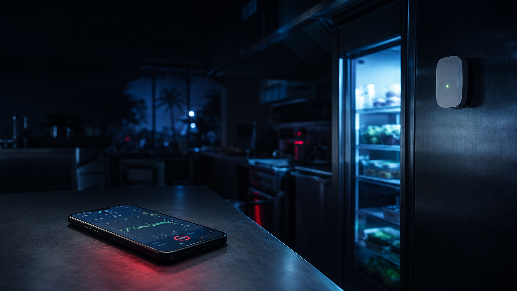 Chambre froide vitrée la nuit dans une cuisine professionnelle, sonde connectée IoT avec LED verte et smartphone affichant un dashboard HACCP