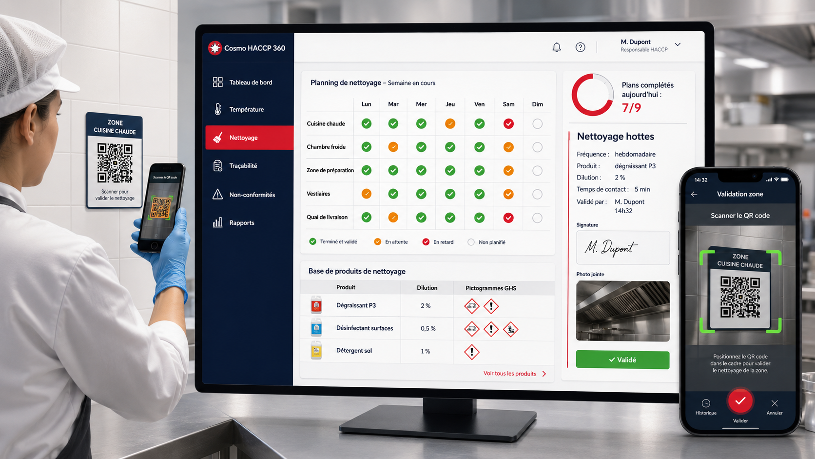 Module Nettoyage COSMO HACCP 360 — planning hebdomadaire par zone, validation QR code, base produits avec pictogrammes GHS et signature électronique