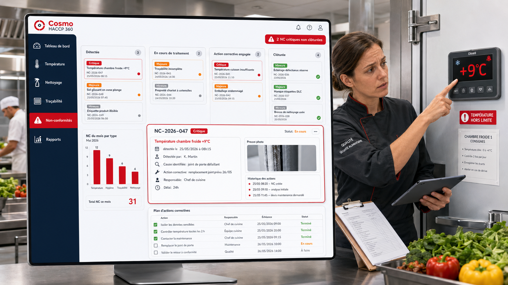 Module Non-conformités COSMO HACCP 360 — pipeline détectée en cours action engagée clôturée, fiche détaillée avec preuve photo, plan d'actions correctives et historique