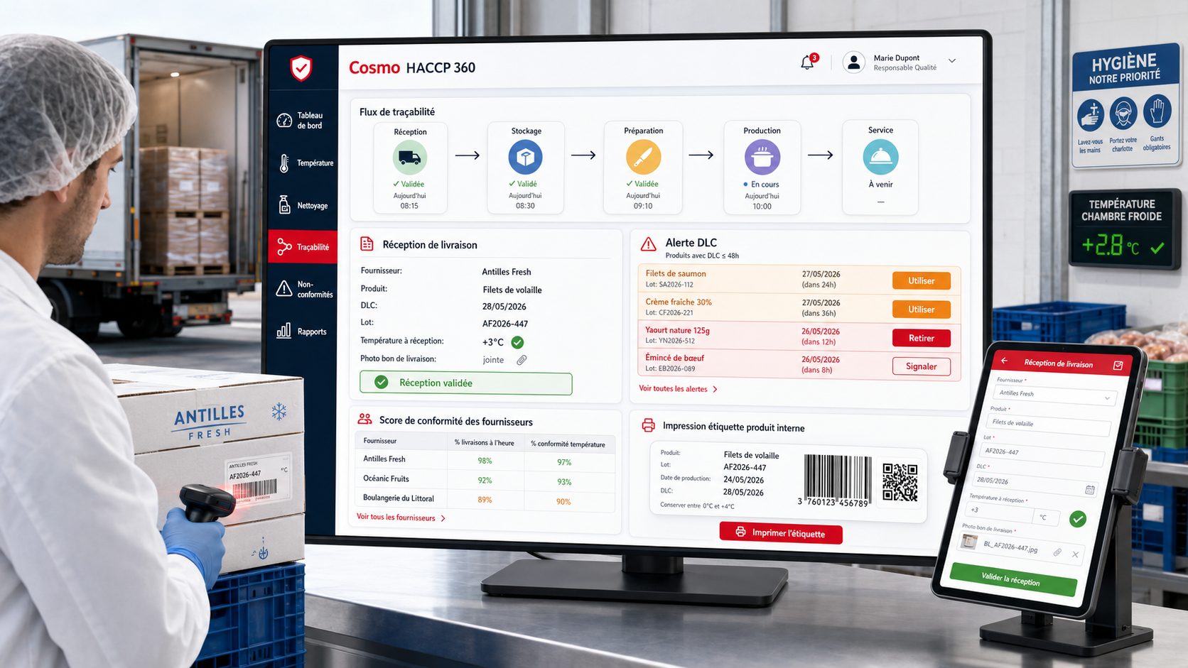 Module Traçabilité COSMO HACCP 360 — flux réception stockage préparation production service, alertes DLC, score de conformité fournisseurs et étiquetage interne